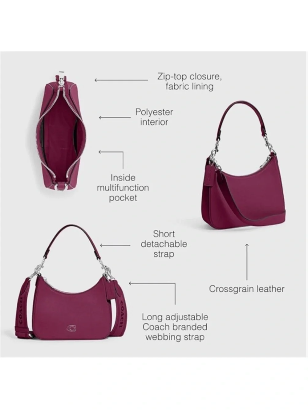 Coach Deep Plum Hobo Crossbody Bag Crossgrain Leather 3 Straps - Picture 2 of 12